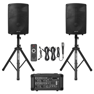 VEVOR Haut-Parleurs 2 X 10 Po Système PA Mélangeur 800W Micro Bluetooth Sans Fil pour DJ Fête