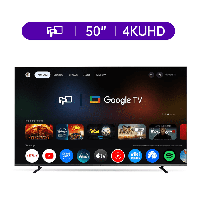 FPD Téléviseur Intelligent 50 Pouces, Téléviseur DEL 4K UHD avec Google TV, Google Cast Intégré, Dolby Atmos, Dolby Audio, HDR10, MEMC et Télécommande Vocale Google Assistant