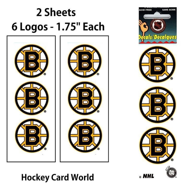 Boston Bruins 1.75-inch logo stickers decal pack featuring two sheets with six circular stickers per sheet. Each sticker displays the iconic Boston Bruins logo in black, gold, and white. Acid-free decals suitable for automotive or specialty applications.