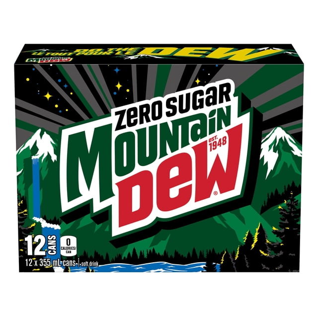 Mtn Dew Zero Sugar Soft Drink 12 x 355 mL cans pack with bold green and red Mountain Dew logo on mountain and forest background, zero calories per can, ideal diet soft drink for energizing refreshment at home or on the go.