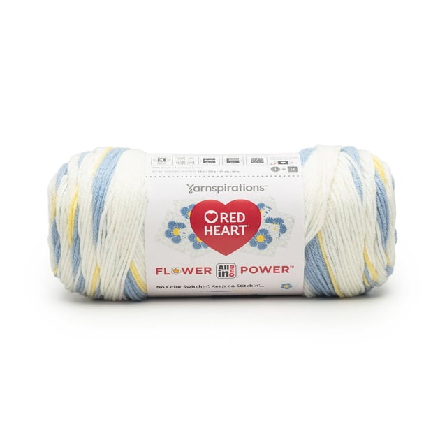 Red Heart® Tout-en-un Flower PowerTM #4 Écheveau de Fil Acrylique Worsted (Moyen) en Rayures d'Ingénierie Bleu pastel, Blanc et Jaune, 8.8oz/250g avec 417 yards, Conçu pour le Crochet de motifs Floraux Continus avec Moins d'Embouts à Tisser, Convient aux Projets de Mode, d'Accessoires et de Déco Maison.