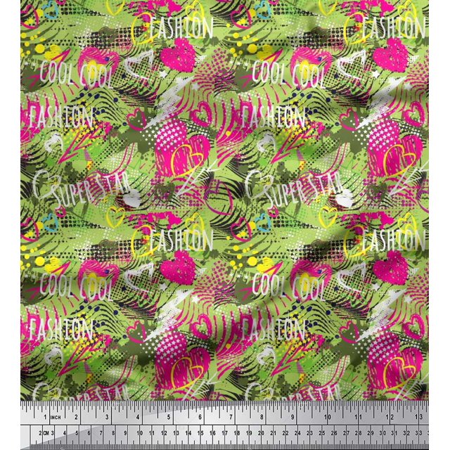 Soimoi Green Velvet Fabric Heart,Star & Fashion Text Printed Fabric 1 Yard 58 Inch Wide