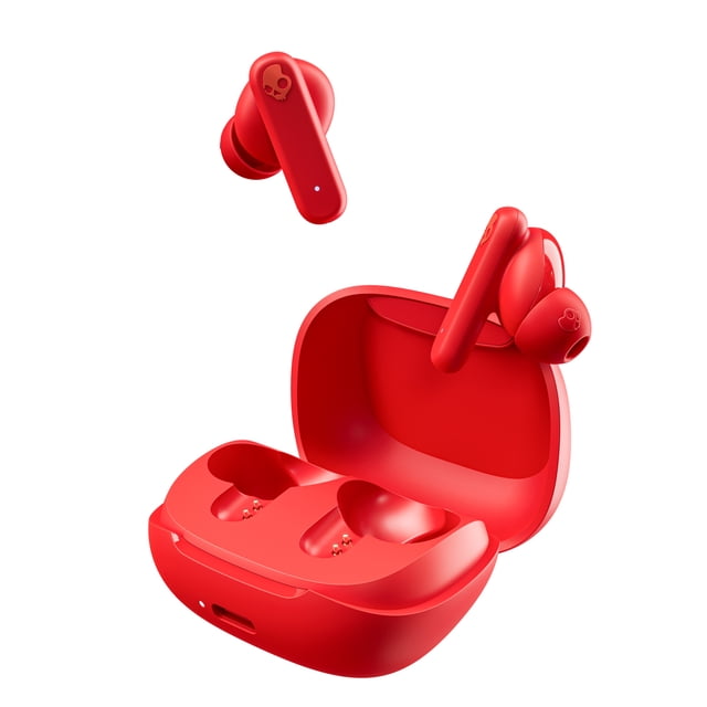 Skullcandy Smokin Buds True Wireless Earbuds in red with open charging case displaying two earbuds with Skullcandy skull logos, offering 20-hour battery life, IPX4 sweat resistance, touch controls, and a lightweight fit suitable for kids and active lifestyles.