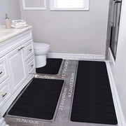 Large Foam Bath Mat 3 Set, Xinsrenus Extra Soft Velvet Fleece Bathroom Rugs, Non-Slip Thick Water Absorbent Washable Easy Dry Toilet Mats for Bathroom Floor Tub Shower, Black