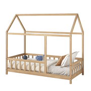 MIMI BEDS ARY Montessori House Floor Bed with 12 Educational Posters, Twin, Natural
