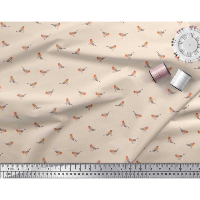 Soimoi White Poly Georgette Fabric American Robin Bird Print Fabric by Yard 52 Inch Wide