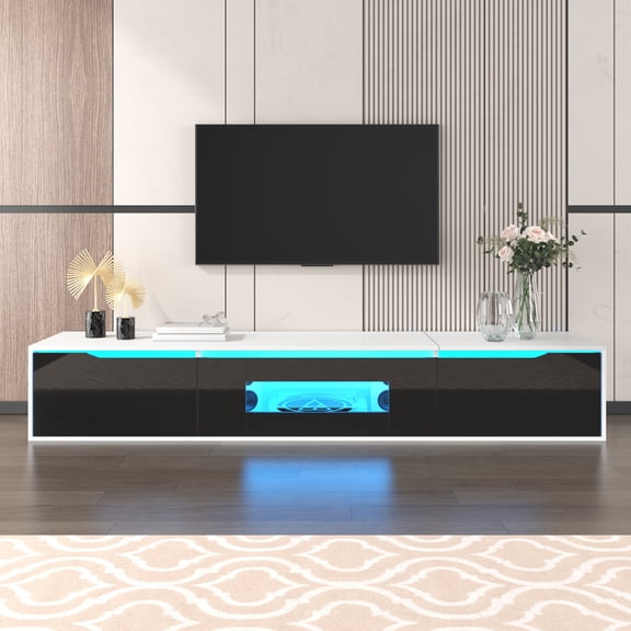 Meuble TV à DEL de 71 Pouces pour Télé de 80 Pouces, Centre de Divertissement à Fini Très Lustré avec 3 Armoires de Rangement et Porte Ajourée, Console Multimédia Moderne avec Prise de Courant et Lumière pour Salon, Chambre, Blanc + Noir