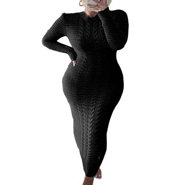 Robe Tricotée à Manches Longues pour Femmes Motif Crochet Unie Côtelée Robe Décontractée