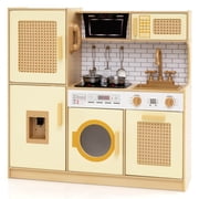 Costway Wooden Kids Kitchen Playset Pretend Play Kitchen with Real Sounds Lights Yellow