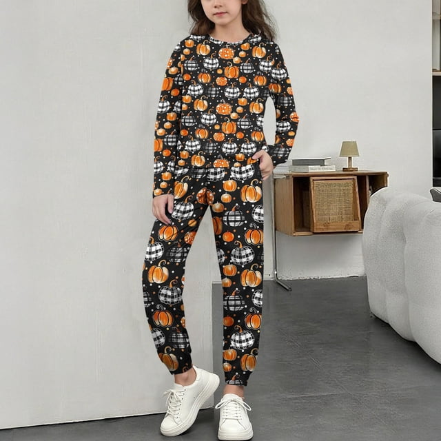 MKOSPLRT Pyjamas d'Halloween pour Enfants 3-15 Ans Chandails à Manches Longues Bas Resserré Pjs Joggers Mignons Imprimé Citrouille Fantômes Vêtements de Nuit Vêtements de Détente pour Fille Garçon