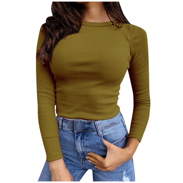 IROINID Reduced Womens Long Sleeve Tops Fall Stretch Slim Fitted Ribbed T-Shirt Blouse Solid Basic Tops,Yellow