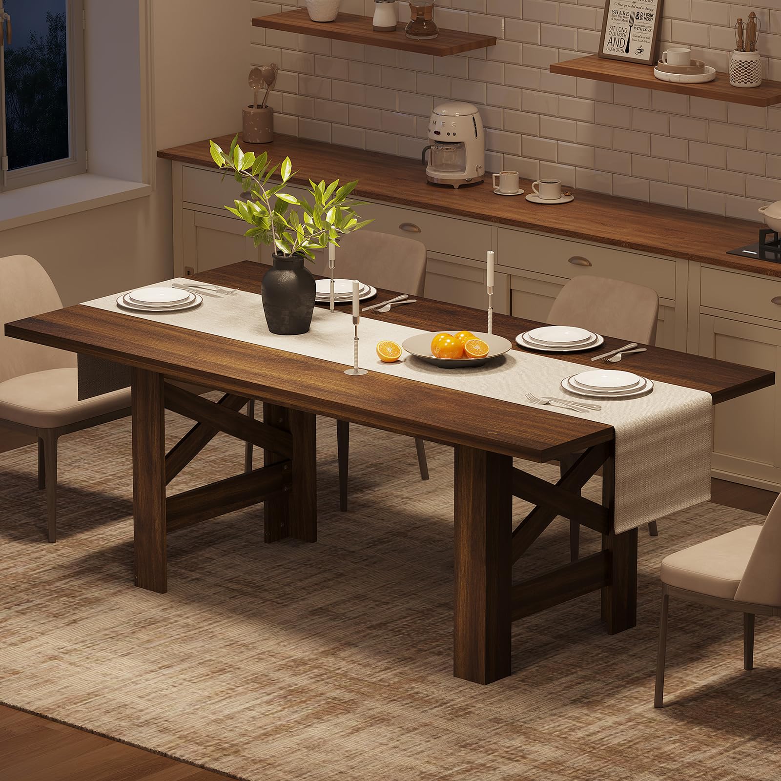 Dining Table for 6-8, 71" Long Wooden Farmhouse Kitchen Table with Thick Sturdy Frame, Large Dining Room Dinner Table with Stable Triangular Wood Legs, Strong Base for Kitchen, Apartment, Office