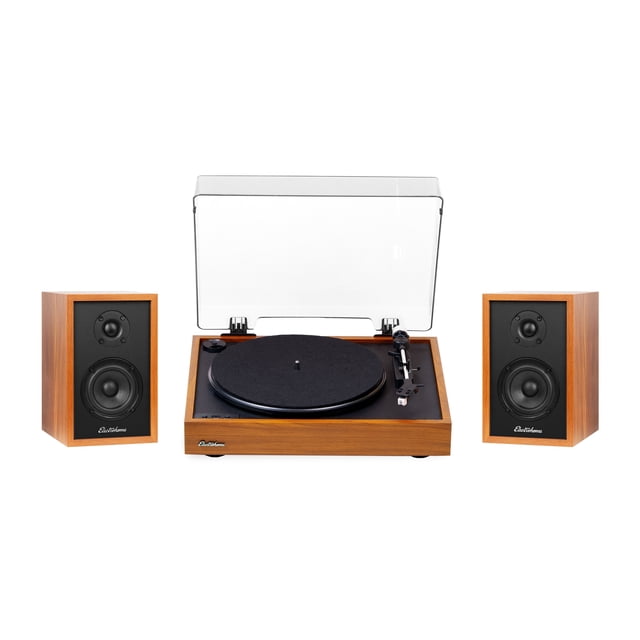 Electrohome Montrose Tourne-Disque Sans Fil Évolutif avec Haut-Parleurs Bibliothèque Bluetooth Alimentés Berkeley, Fini Teck. l'Ensemble Comprend une Plateau Tournant avec Couvercle Anti-Poussière, Audio-Technica AT3600L Cartouche, Contrepoids Ajustable et Tapis de Plateau Tournant en Feutre. les Haut-Parleurs Offrent des tweeters de 1 Pouce et des Haut-Parleurs de 3 Pouces pour une Acoustique Naturelle, Prenant en Charge un Amplificateur de Classe D de 30 Watts. le design d'Armoire en Bois d'Inspiration Rétro Améliore