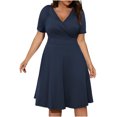 thumbnail image 1 of Robe Bohème Décontractée pour Femmes, Grande Taille, Col en V, Unie, Manches Courtes, Robe Évasée avec Poches, 1 of 6