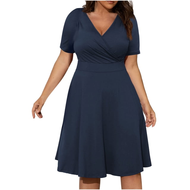 Robe Bohème Décontractée pour Femmes, Grande Taille, Col en V, Unie, Manches Courtes, Robe Évasée avec Poches