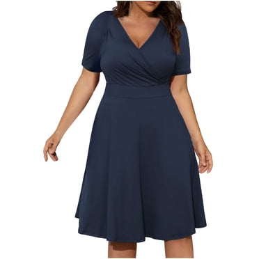 Robe Trapèze Longueur Genou pour Femme Grande Taille, Hauts de Couleur Unie, Manches Courtes, Vêtement à Col en V, Élégante, Décontractée, Confortable, Robes d'Été pour Femme, Bleu Foncé, XXXXXL, Soldes