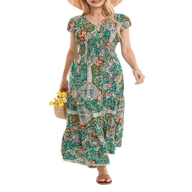 Robe de Plage Imprimée à Manches Courtes V Cou Été pour Femmes