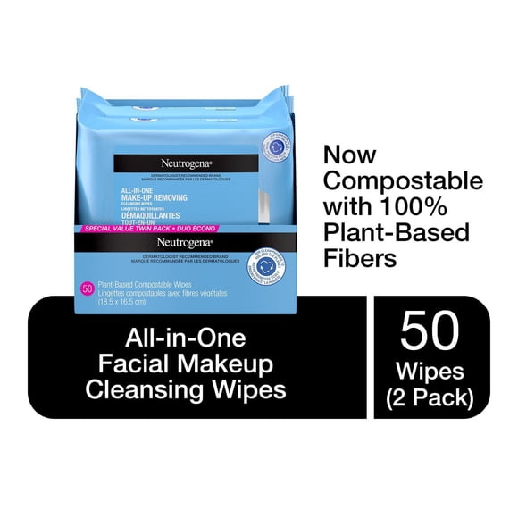 Neutrogena All-in-One Makeup Removing Cleansing Wipes - Gentle Cleansing Towelettes Remove Make-up & Waterproof Mascara - Plant-Based, Alcohol-Free Formula for Sensitive Eye Area - Value