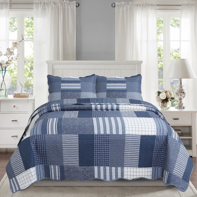 Marina Decoration Rich Printed Embossed Pinsonic Coverlet Bedspread Ultra Soft Home Bedding 2 Piece Summer Quilt Set with 1 Sham, Navy White Plaid Pattern Twin/Single