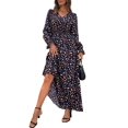 thumbnail image 2 of Robe Maxi Évasée à Imprimé Floral pour Femme, Col en V, Manches Longues, Décontractée, Portefeuille, Automne, Plage, Évasée, 2 of 9