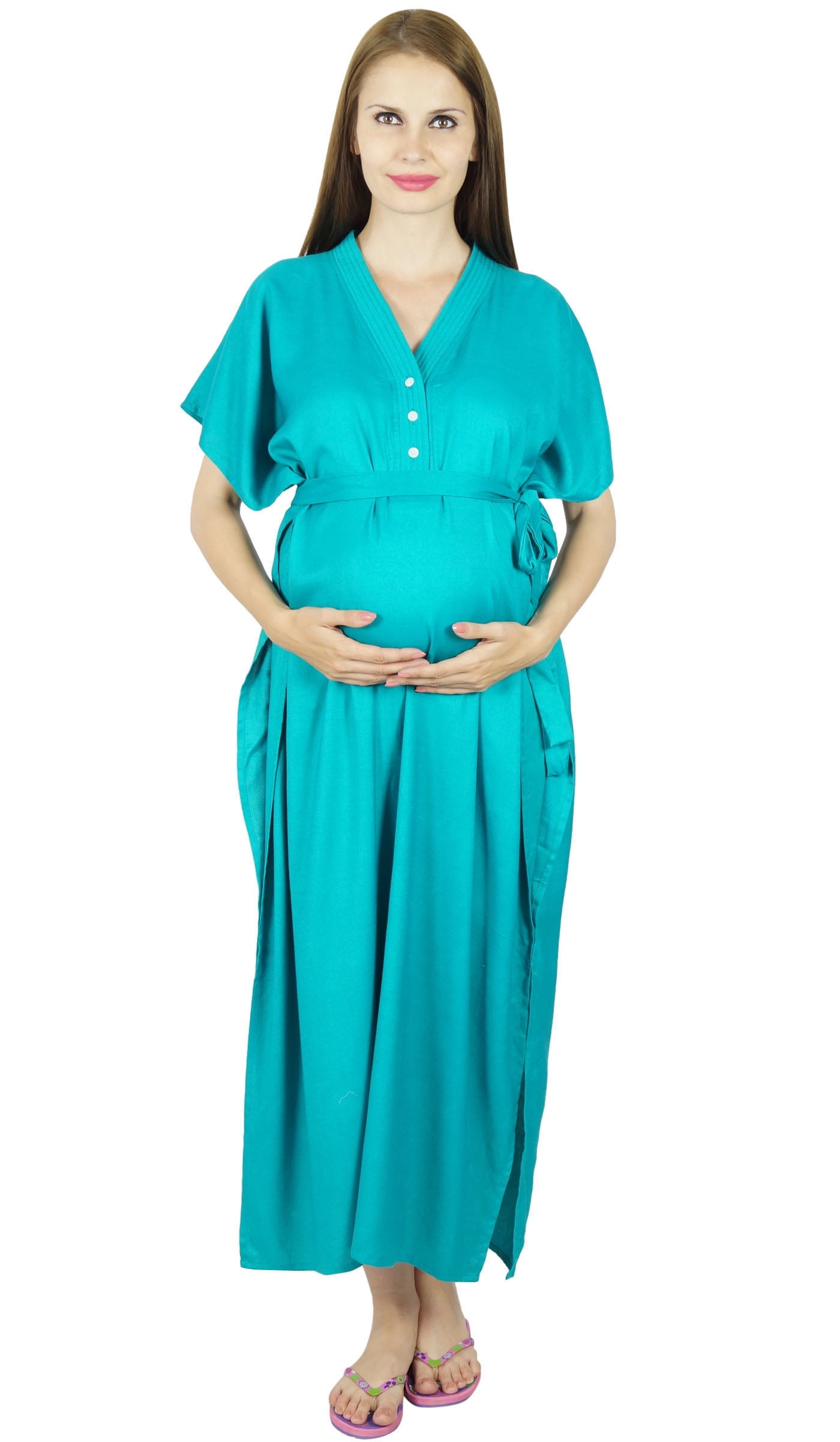 Bimba Maternity Hospital Kaftan With Belt Rayon Nursing Night Gown| Front & Back Buttons