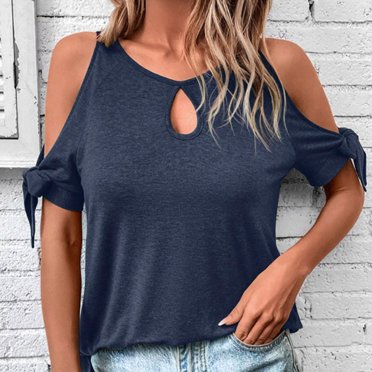 asjyhkr T-Shirts pour Femmes à Épaules Dénudées, Couleur Unie, Col Ras du Cou, Manches Courtes, Décontractés, T-Shirts Tendance