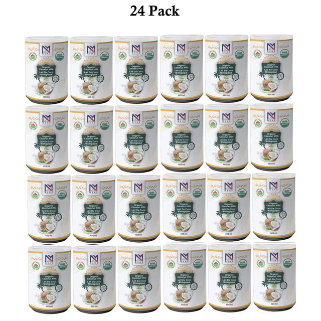 Organic Coconut Milk 24 Cans - M2N2, featuring USDA Organic certified coconut milk with 18% fat content. Each 400 ml can is pure, unsweetened, and free from additives, offering a rich and creamy texture. Ideal for curries, smoothies, and desserts, this canned food pack showcases neatly arranged cans with M2N2 branding and convenient lids for storage.