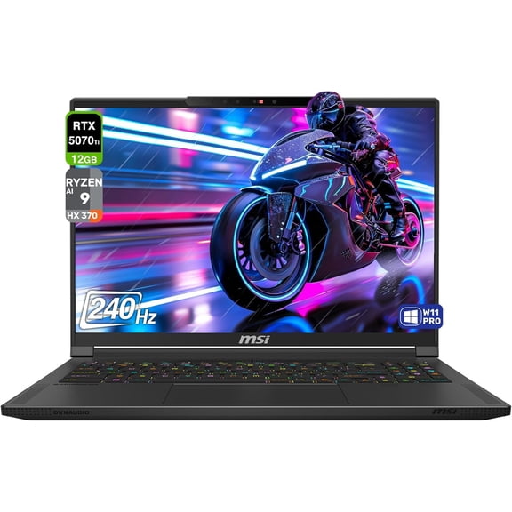 MSI Stealth A16 AI+ Portable de Jeu, AMD Ryzen AI 9 HX-370, 32 Go LPDDR5x RAM, 2 To PCIe SSD, 16 Pouces QHD+ (2560x1600) 240Hz, Nvidia G-Force RTX 5070 Ti, Clavier Rétroéclairé RVB, W11 Pro, Noir Cœur