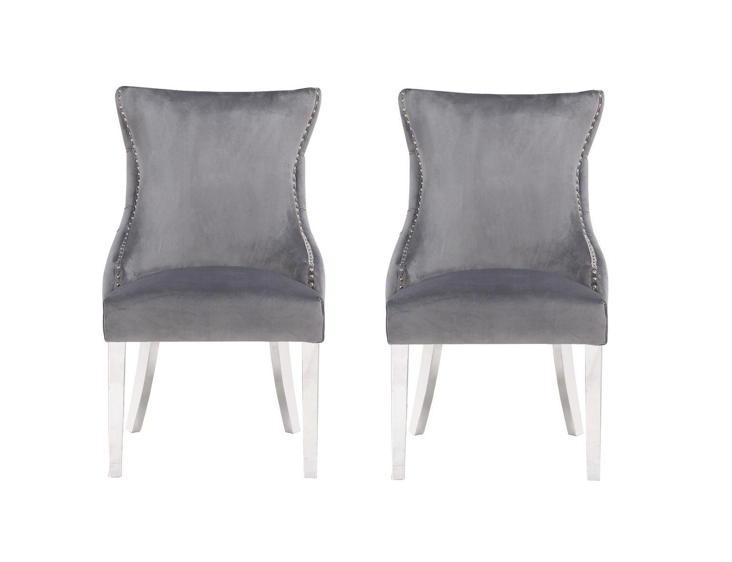 Chaise Odie en Gris, chaise de salle à manger avec garniture cloutée, chaise de salle à manger en velours, chaise de salle à manger avec pieds en acier inoxydable pour cuisine et salon - Ensemble 2