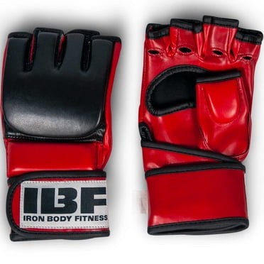 IBF Cage Sport MMA Gloves, Synthetic Leather Training Gloves with Wrist Support, Open Palm, 4 oz, Red/Black, SM/MED