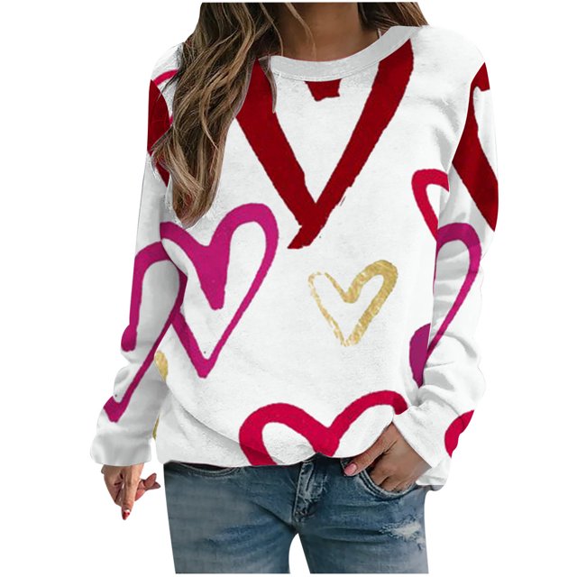VALMASS Chandails en Molleton de la Saint-Valentin pour Femmes Manches Longues Col Rond Décontracté Mode Ample Blouses (S, Blanc-H)