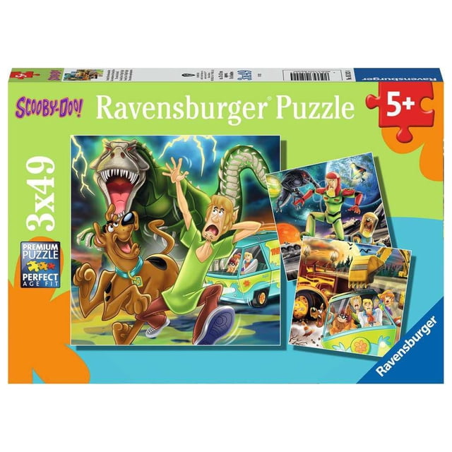 Ravensburger 3 x 49pc Puzzle - Scooby Doo featuring three colorful puzzle scenes: Scooby-Doo and Shaggy running from a green dinosaur with lightning, the Mystery Machine van with characters inside, and two smaller images showing a space battle and a spooky outdoor scene with the gang. Suitable for ages 5 and up with premium puzzle quality.