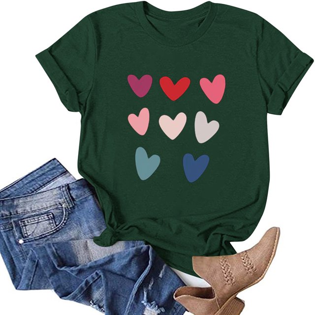 TIMIFIS T-Shirts pour Femmes Saint-Valentin Été Décontracté Manches Courtes Col Rond T-Shirts Mode Imprimé Cœur d'Amour Tee Shirt