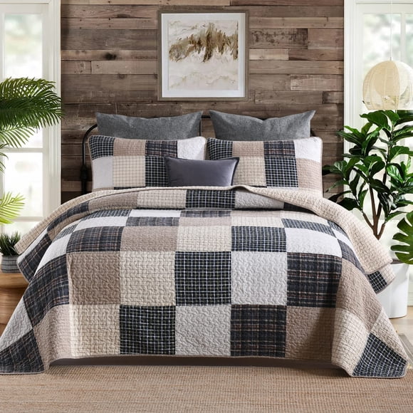 SahSahCasa Courtepointe Grand Lit, Ensemble de Courtepointe Grand Lit, Ensemble de Literie Courtepointe Grand Lit 100 % Coton Couvre-Lits, Courtepointe Patchwork Style Ferme, Courtepointes Légères Rustiques à Carreaux Couvre-Lit pour Lit Grand Lit, Beige, Toutes Saisons