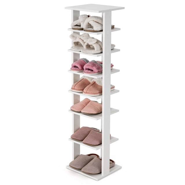 Gymax 7-Tier Wooden Shoe Rack Narrow Vertical Shoe Stand Storage Display Shelf in white. The rack features a compact vertical design with seven tiers, ideal for storing various types of footwear such as slippers, leather shoes, and high heels. Made of engineered wood, it includes adjustable shelves to accommodate taller items like boots or vases. The narrow dimensions of 11'' x 10'' x 43.5'' make it suitable for small spaces like hallways, closets, or dormitories. The sturdy construction includes a stable base, anti-slip foot pads, and a smooth, easy-to-clean surface.