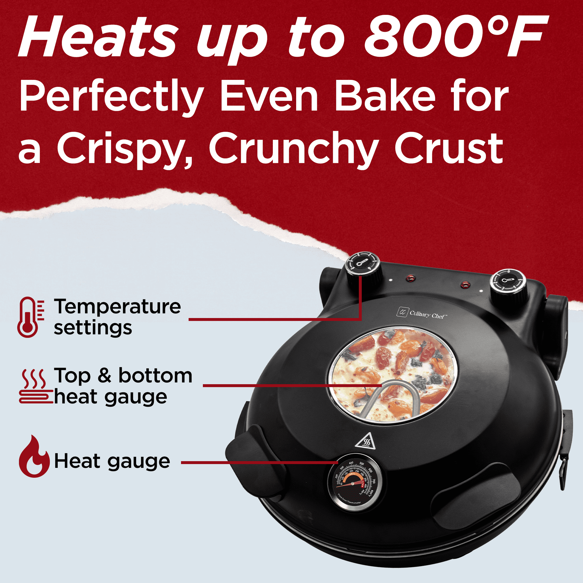 Culinary Chef 1200 Watt High Temperature Indoor Pizza Maker, Electric Pizza Oven with Built-in Thermostat & Pizza Stone, Black