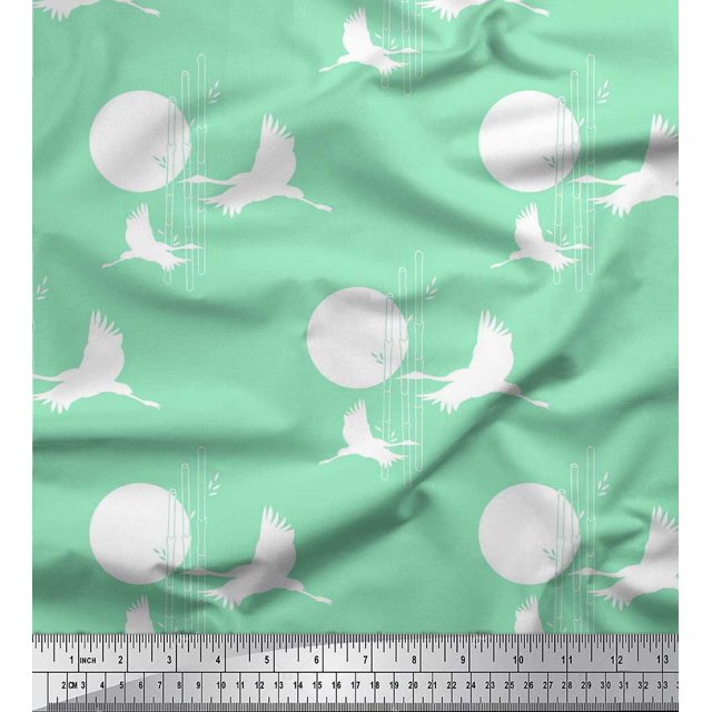 Soimoi Rayon Crepe Fabric Bamboo Tree,Moon & Stork Bird Decor Fabric Printed Yard 46 Inch Wide