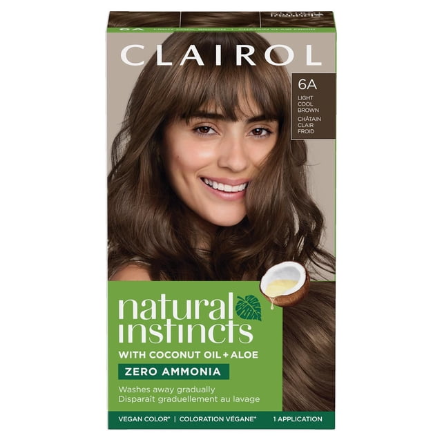 Clairol Natural Instincts Demi-Permanent Hair Color in 6A Light Cool Brown, showing packaging with long wavy light cool brown hair, highlighting zero ammonia, coconut oil and aloe formula, vegan hair dye, and one application for gradual washout.