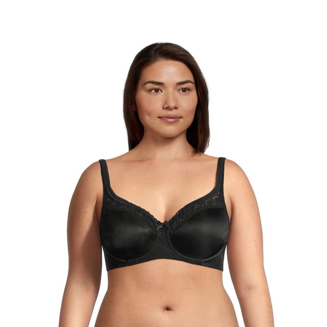 Warners Women's Firm Support Underwire Minimizer Bra in black shown on a front-facing model from the waist up, featuring smooth cups with lace trim along the top edges and adjustable straps, designed to reduce bust size by up to one cup and provide natural shaping for everyday comfort.