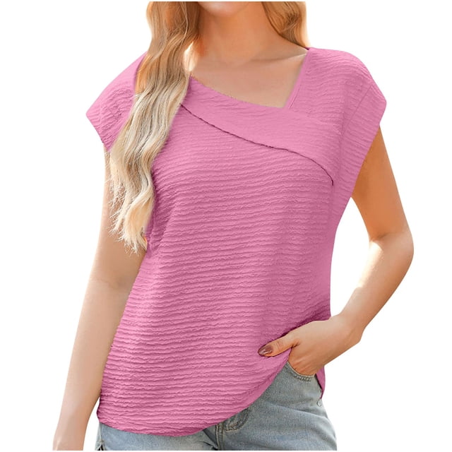 Timegard Womens Tops Irregularly V Neck Cap Sleeve Solid Color Comfy Blouse Dressy Casual Tank Tops