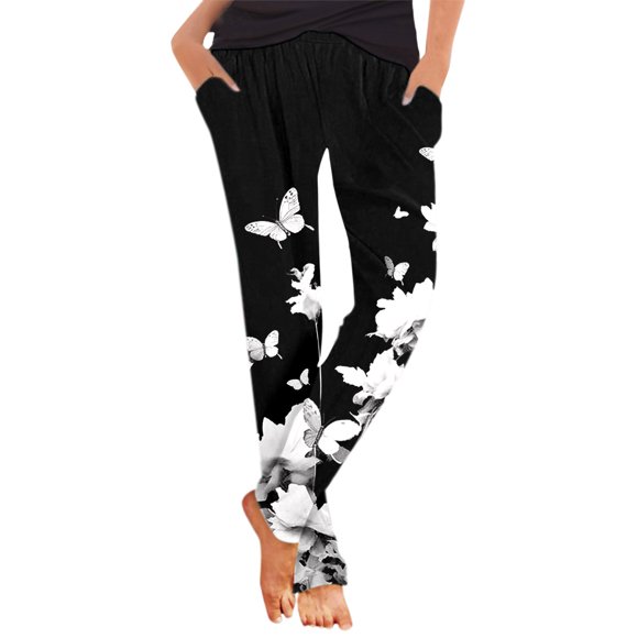 LUOGENLI Female Casual Pants Women Summer Harem Trousers on Trousers Boho Beach Trousers Lightweight Casual Loose Trousers with Pockets Womens Casual Pants Relaxed Fit Black Black S