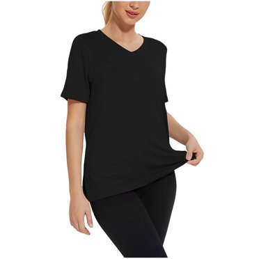 T-shirts Athlétiques d'Été pour Femmes, Ourlet Fendu, T-Shirt de Base Décontracté pour l'Entraînement, Manches Courtes, Col en V, Hauts de Sport, Noir, TG
