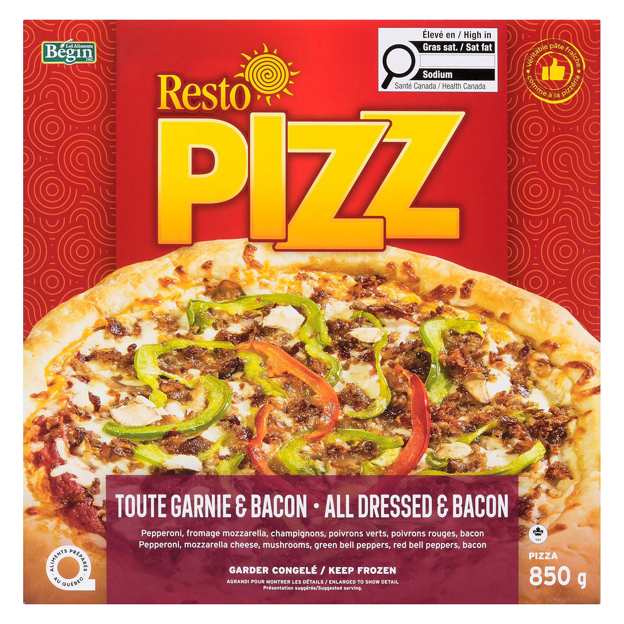 Pizza garnie bacon surgelée Resto PIZZ 850g (Contient : Soya, Blé, Lait) Toute Garnie & Bacon 850g