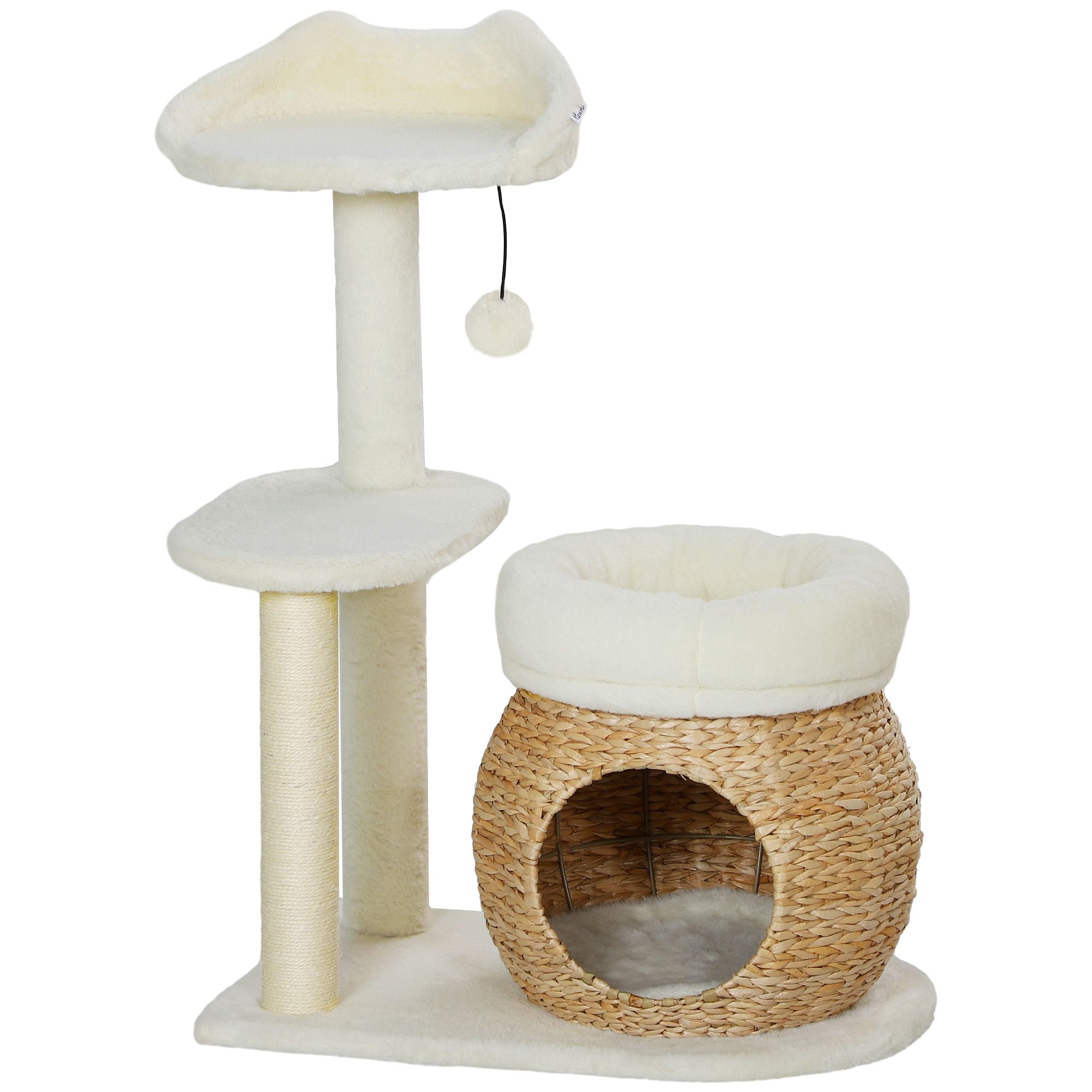 31" Cat Tree Tower with Cattail Condo, 2 Bunny Velvet Beds, Scratching Posts & Toy Ball, Cream White Compact Activity Center for Indoor Cats, Living Room or Bedroom Play Area