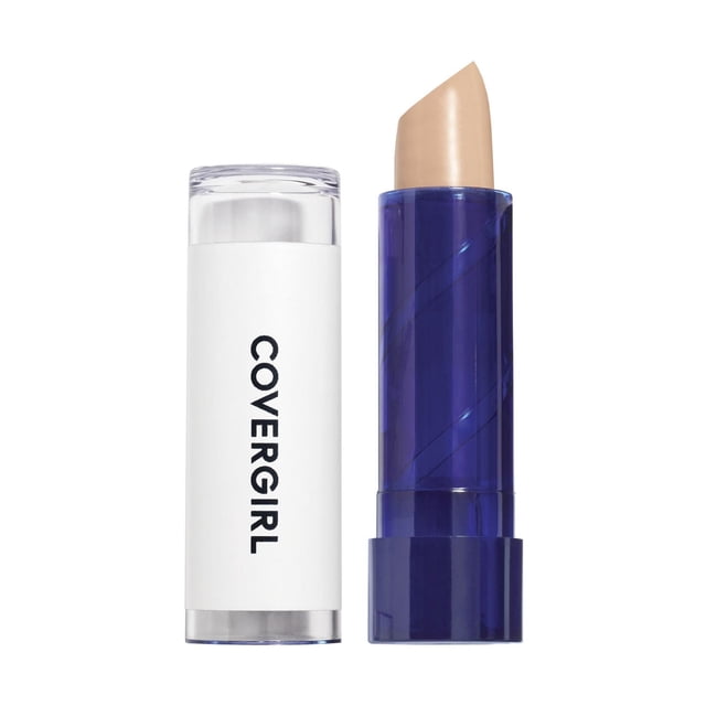 COVERGIRL Smoothers Concealer lightweight stick with beige tone, transparent white cap with COVERGIRL logo, and dark blue base, a fragrance-free conditioning concealer infused with ginseng, vitamin E, and chamomile to cover dark circles and moisturize skin, suitable for sensitive skin.