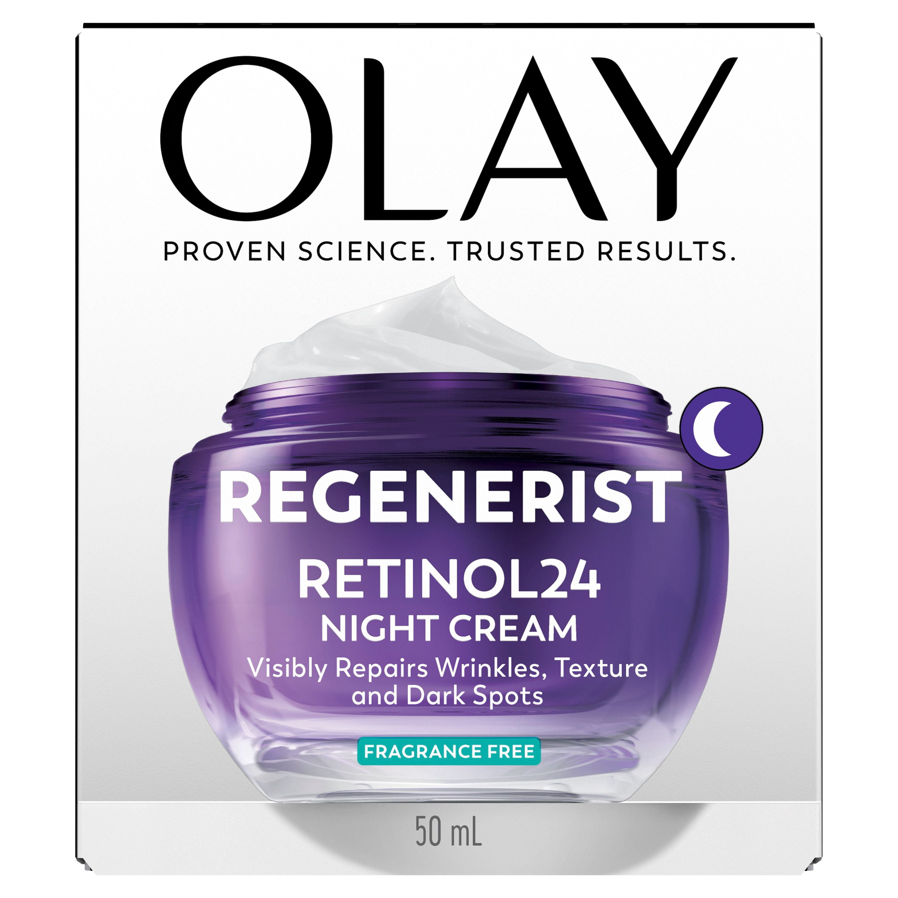 Crème Pour Le Visage Olay Rétinol 24, Hydratant De Nuit Anti-Âge, Sans Parfum, Non Gras, Anti-Rides, Lisse Les Ridules, Raffermissant, Soins De La Peau Hydratants – Peptides, Glycérine, 50 mL