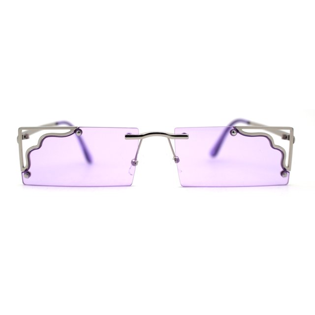Retro Metal Geometric Deco Tip Rimless Sunglasses Silver Purple