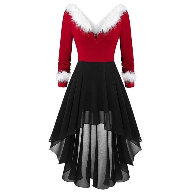TJAZFJPA Robe de Ballet Femme Noël Patchwork Col en V Panneau Manches Longues Col en V Robe Asymétrique Noire Robe d'Invité de Mariage Longues Robes pour Femmes Fête