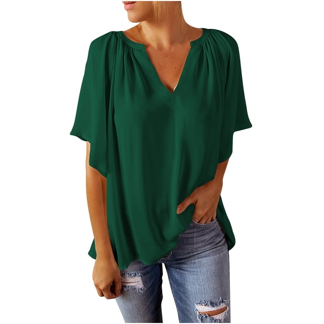 Timegard Womens Tops V Neck Drop Shoulder Short Sleeve Loose Comfy Solid Color Tops Tee Summer Beach
