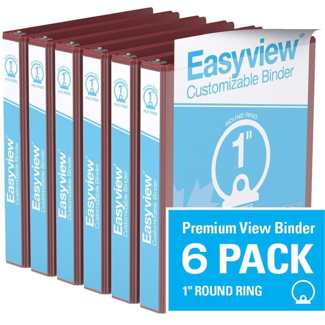 Davis Group Easyview Premium Round Ring Customizable View Binder 6 Pack 1 inch with six maroon binders featuring clear overlay covers and spines, 1 inch round rings, and PVC-free polypropylene construction, ideal for presentations, manuals, and document organization in office or school use.
